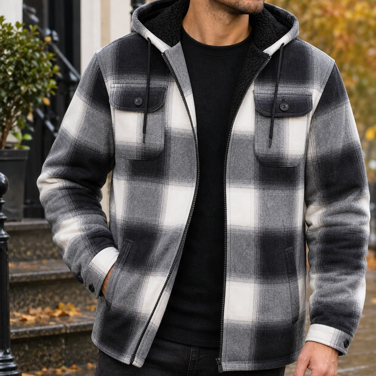 Michael Plaid Jacket in Black White Grid