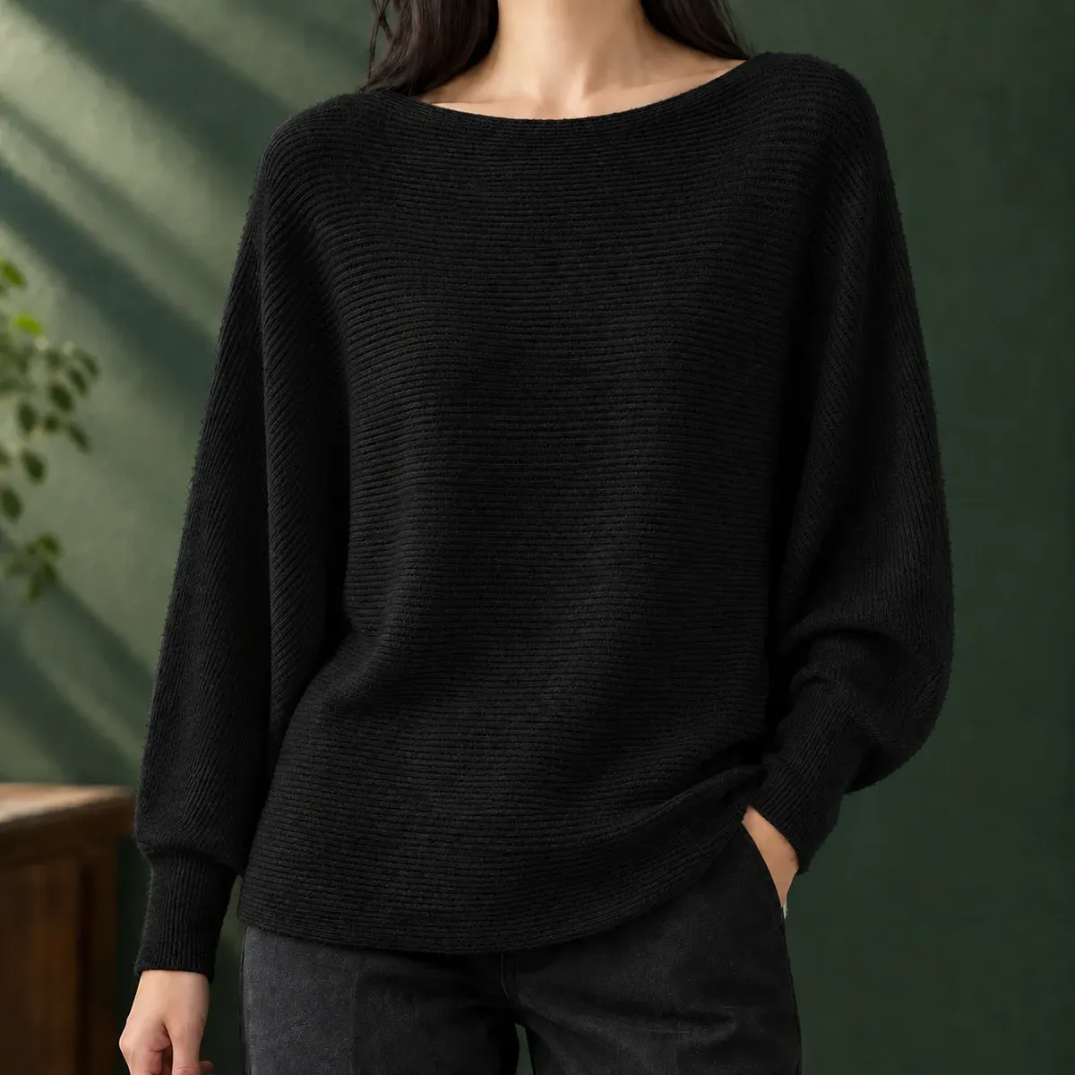 Olive Boat Neck Sweater in Black
