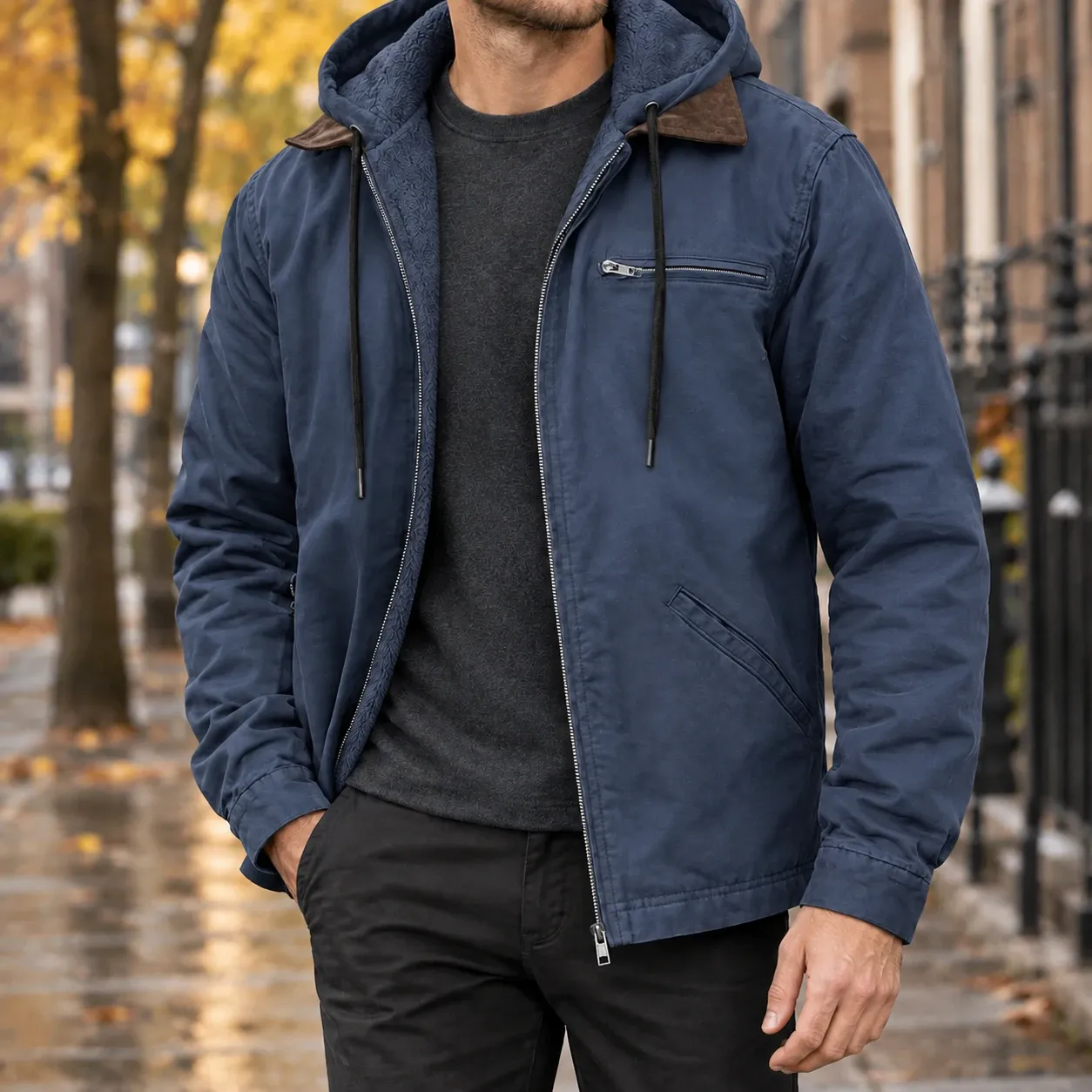 Isaac-Flynn Hooded Jacket in Navy Blue