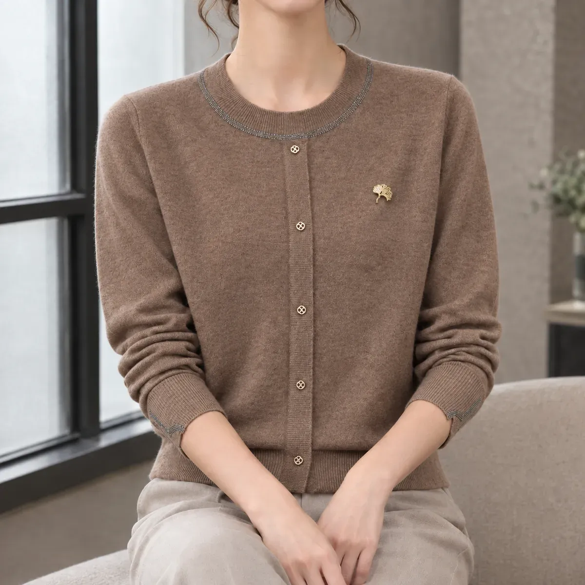 Halcyon-Rose Trimmed Knit Cardigan in Deciduous Brown