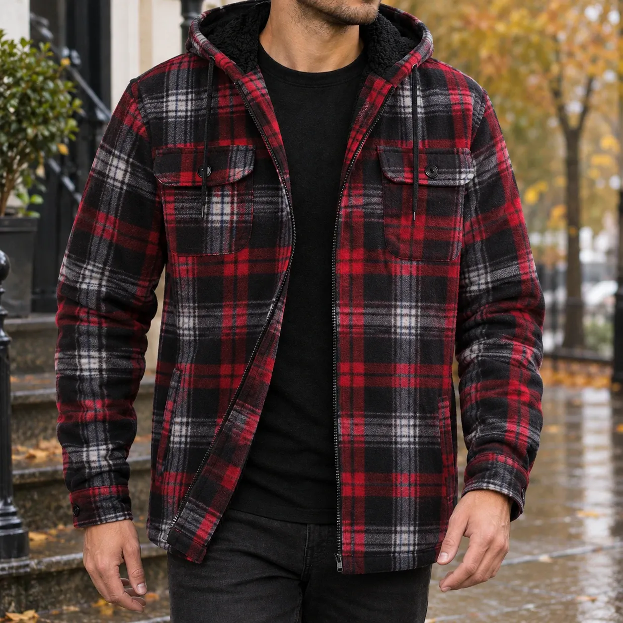 Michael Plaid Jacket in Red Black Grid