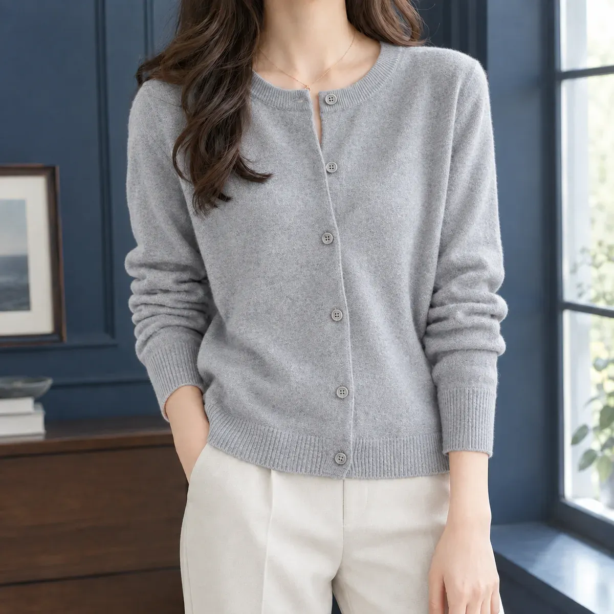 Lillian-June Round Neck Cardigan in Light Gray
