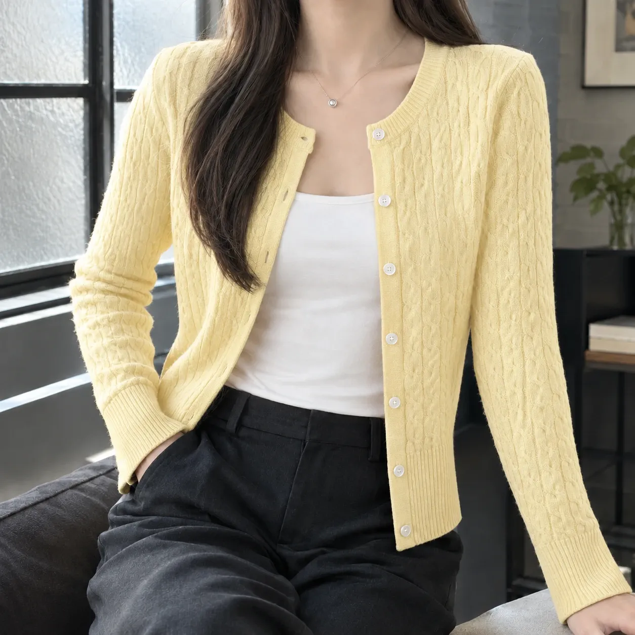 Elodie Cable Knit Cardigan in Light Yellow