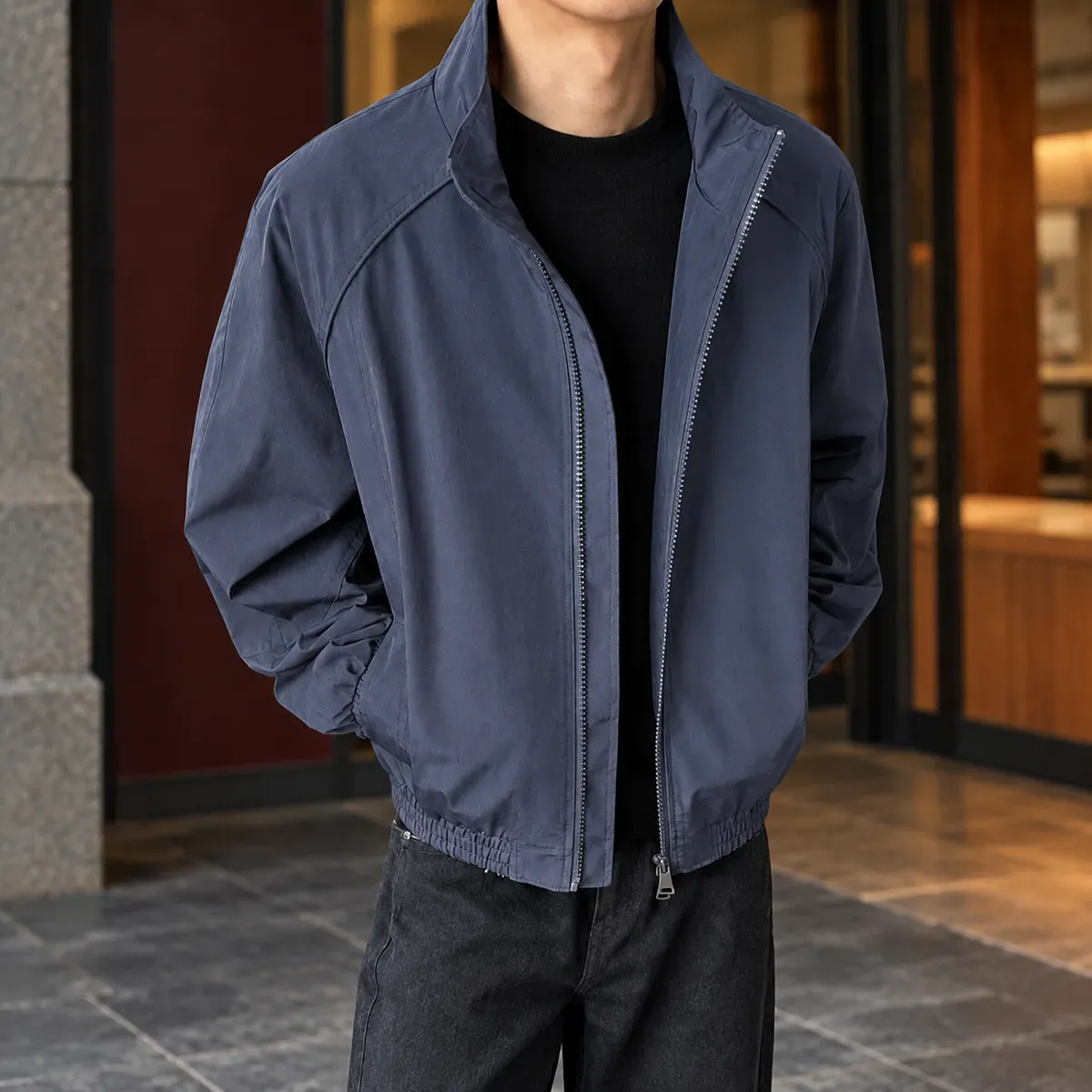 Maurice Stand Collar Jacket in Navy Blue
