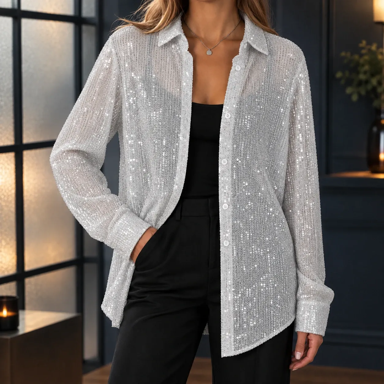Zenobia-Kate Sequin Shirt in White Silver