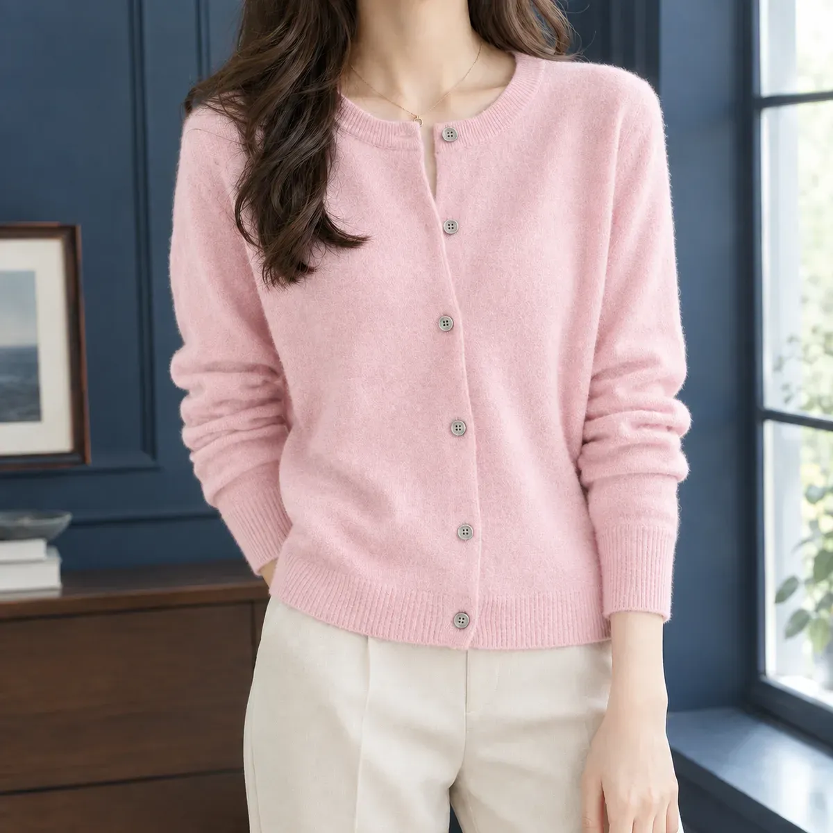 Lillian-June Round Neck Cardigan in Pink