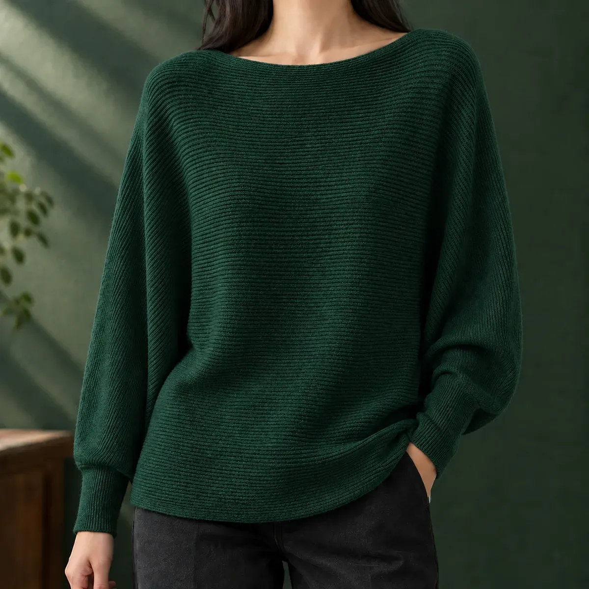 Olive Boat Neck Sweater in Dark Green