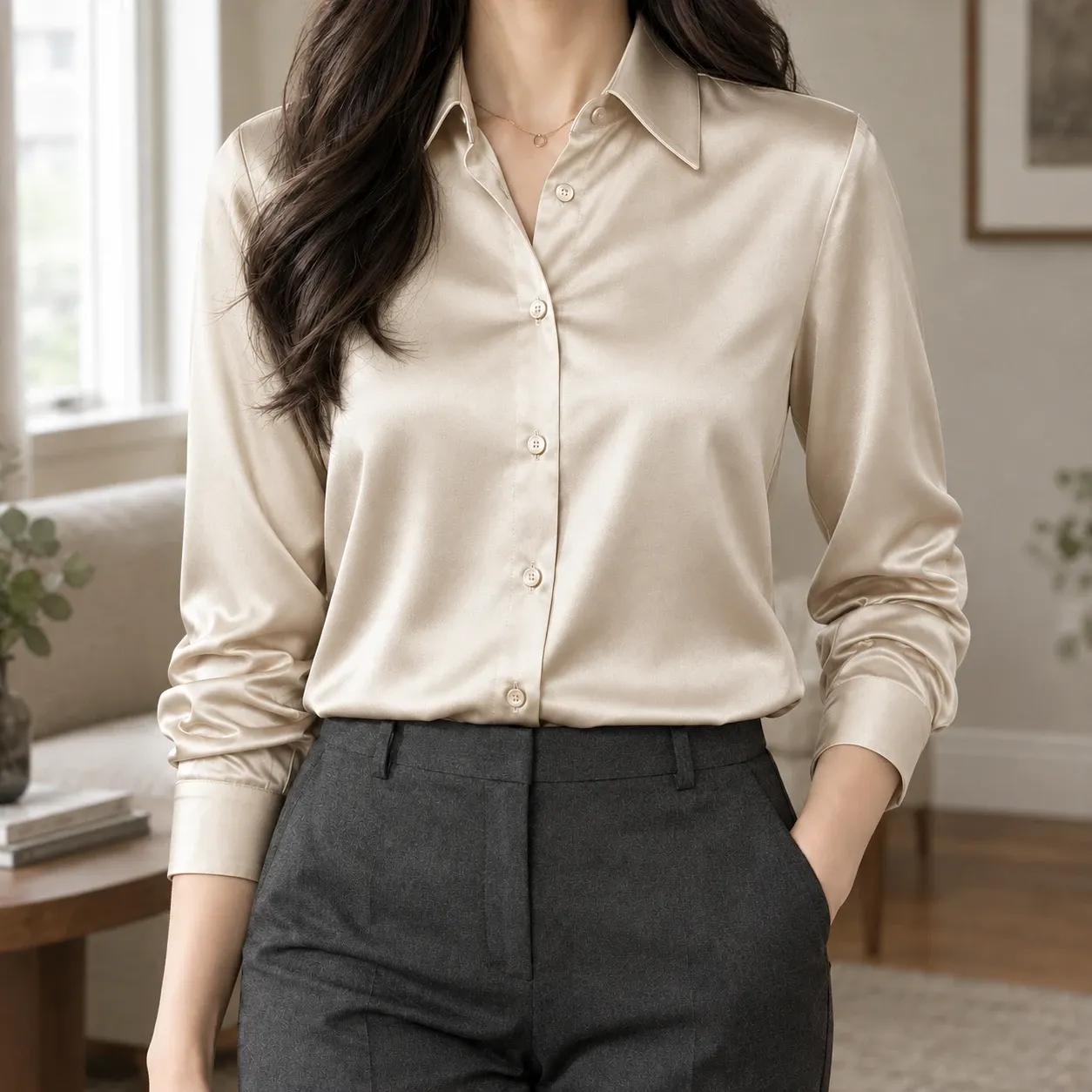 Charlotte-Belle Satin Shirt in Champagne