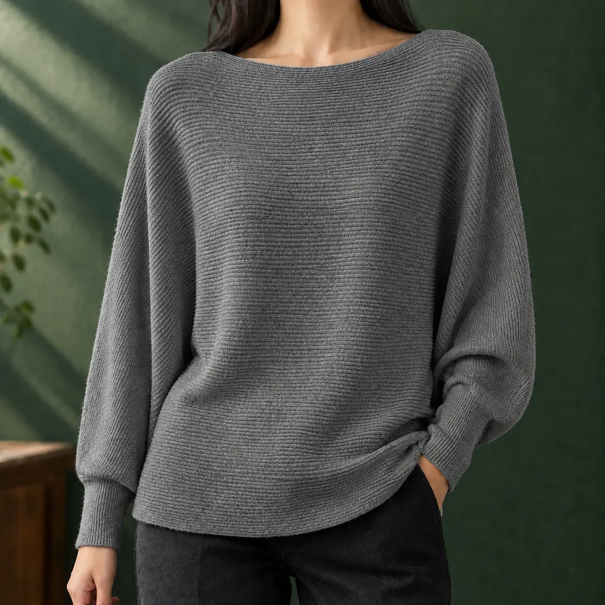 Olive Boat Neck Sweater in Gray
