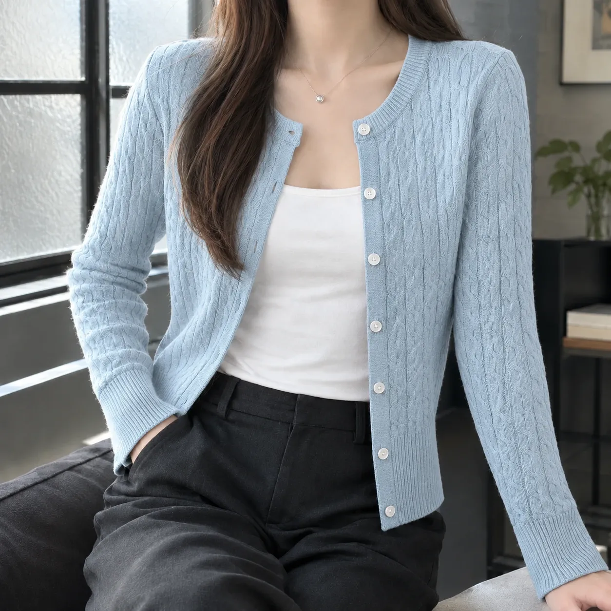 Elodie Cable Knit Cardigan in Light Blue