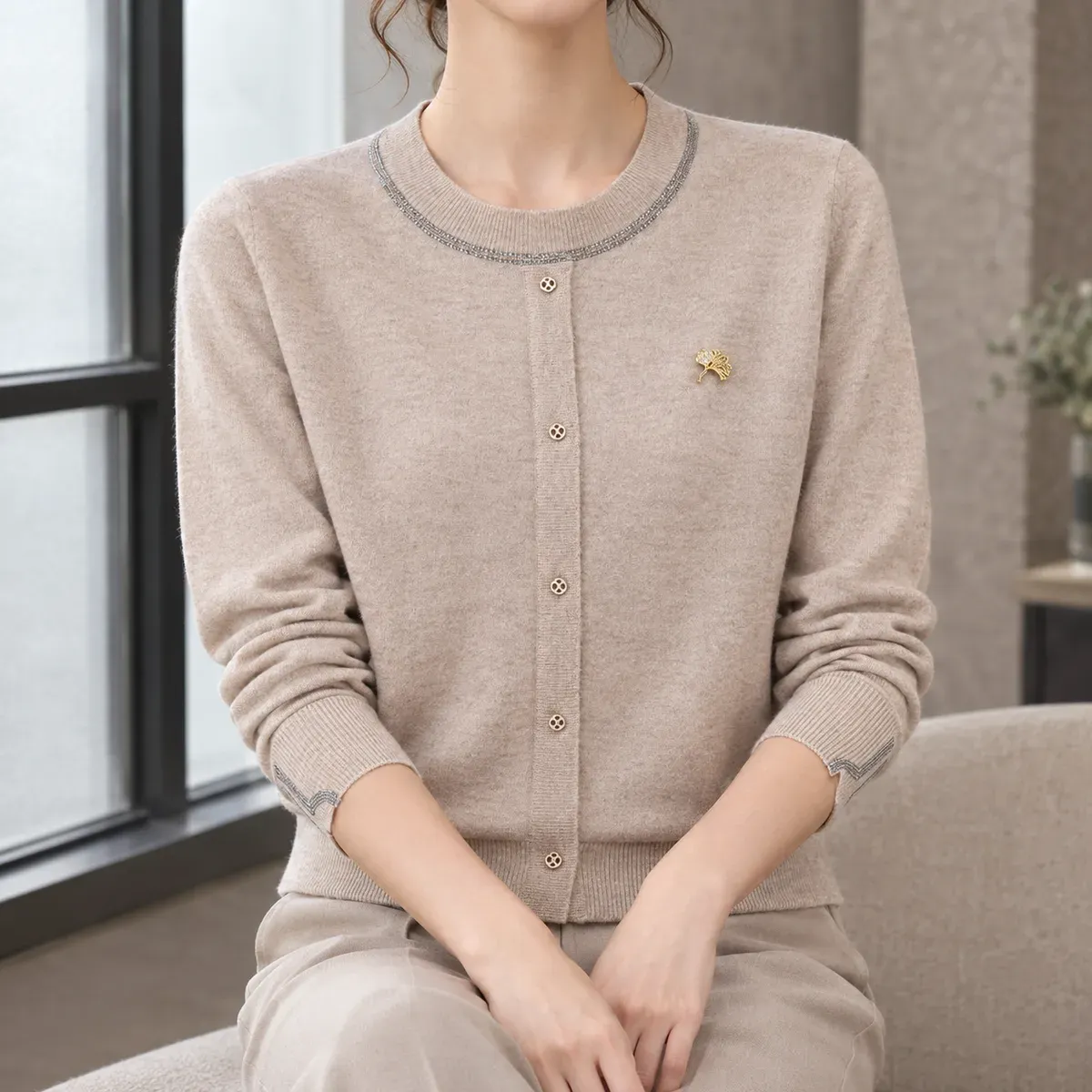 Halcyon-Rose Trimmed Knit Cardigan — gallery photograph 1