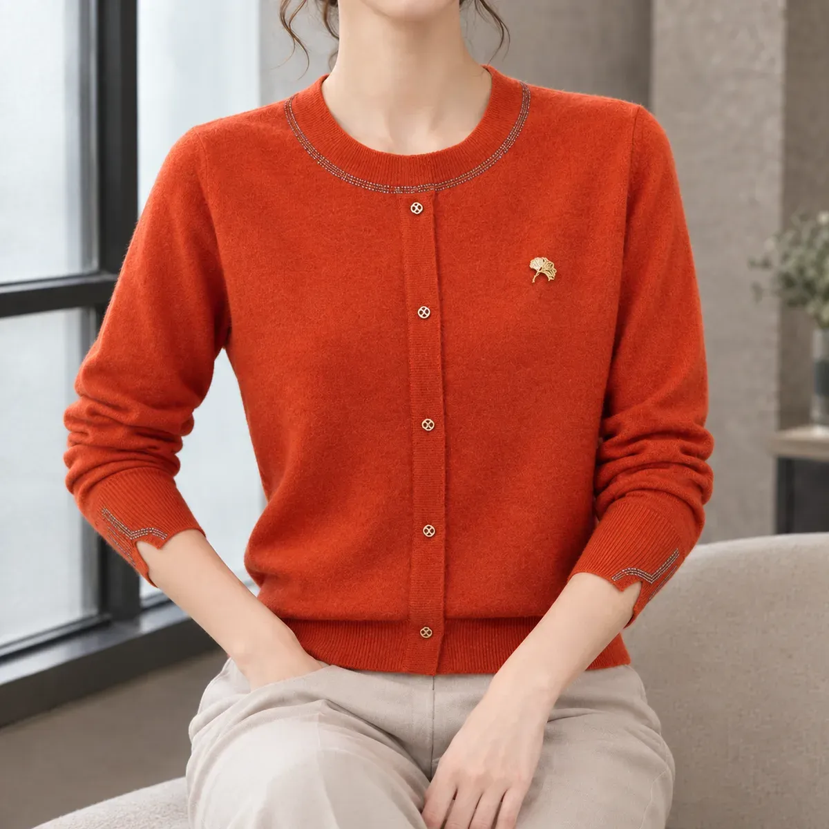 Halcyon-Rose Trimmed Knit Cardigan in Orange