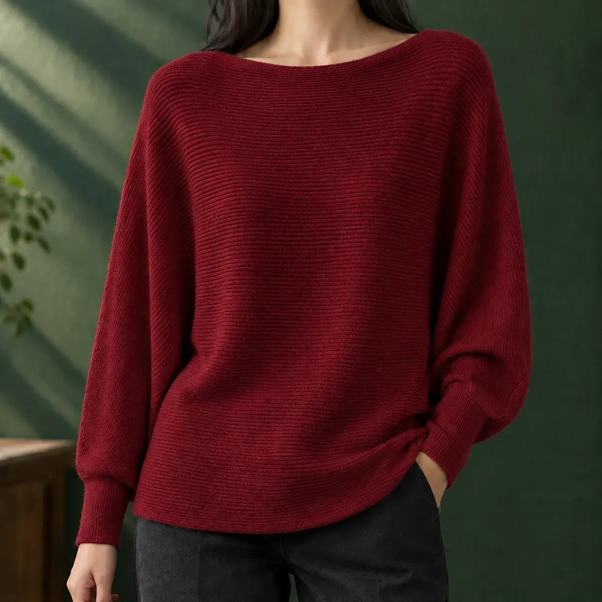 Olive Boat Neck Sweater in Wine Red