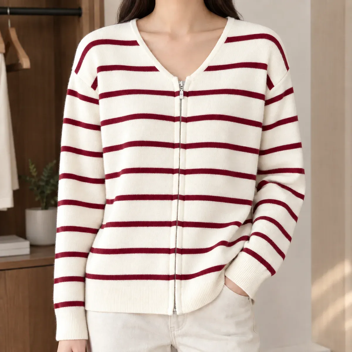 Tessa-Hope Striped Cardigan in Cream Burgundy