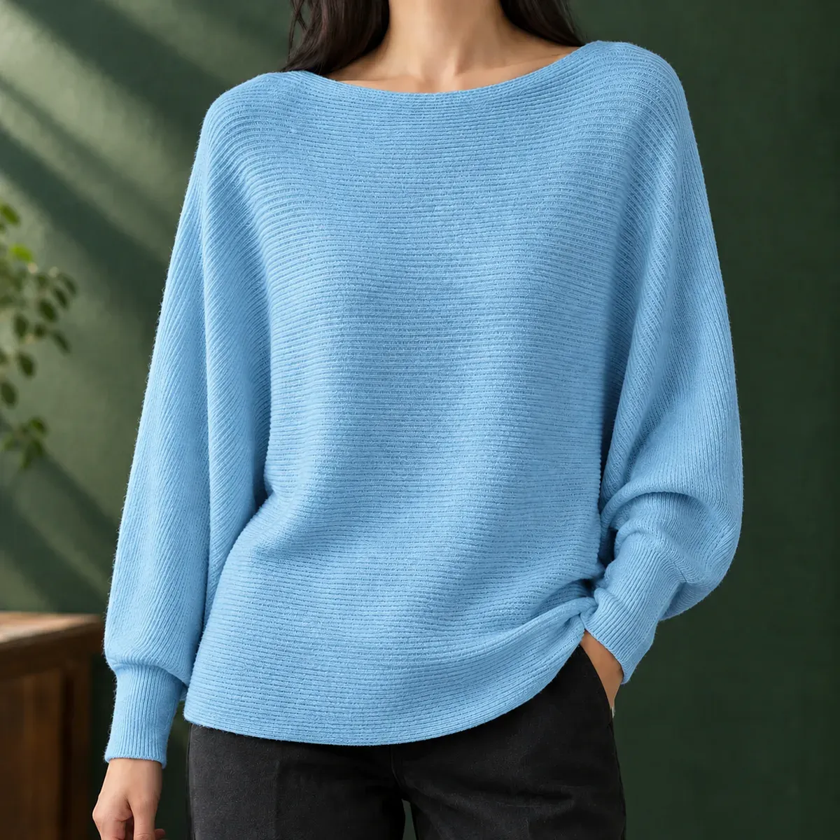 Olive Boat Neck Sweater in Light Blue
