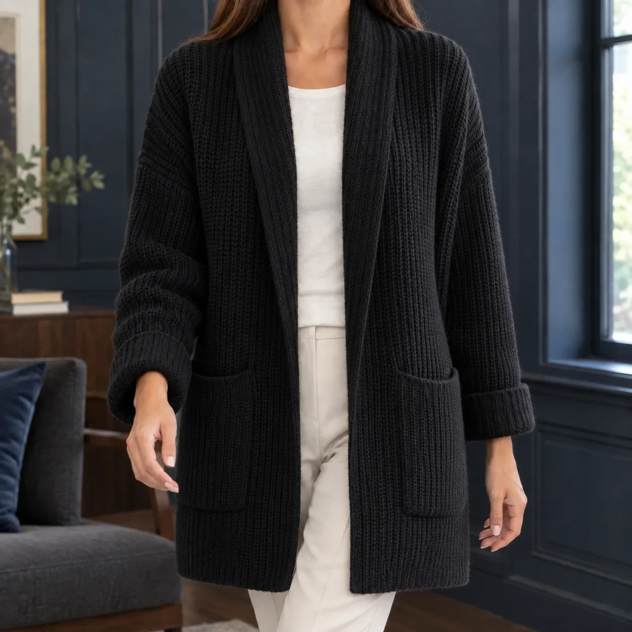 Blair-Elise Ribbed Cardigan in Black