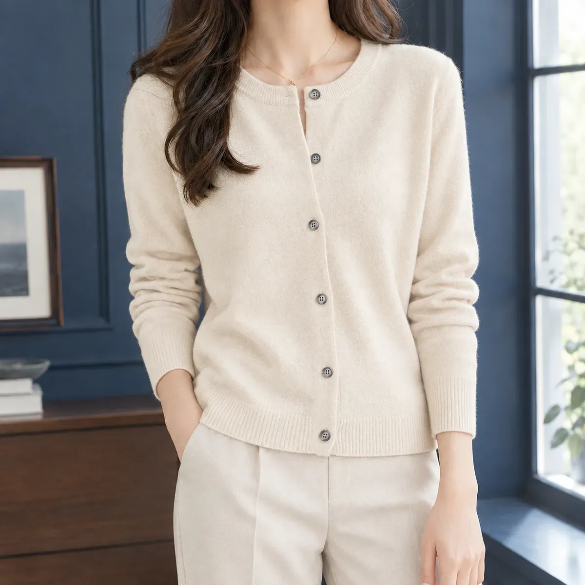 Lillian-June Round Neck Cardigan in Beige