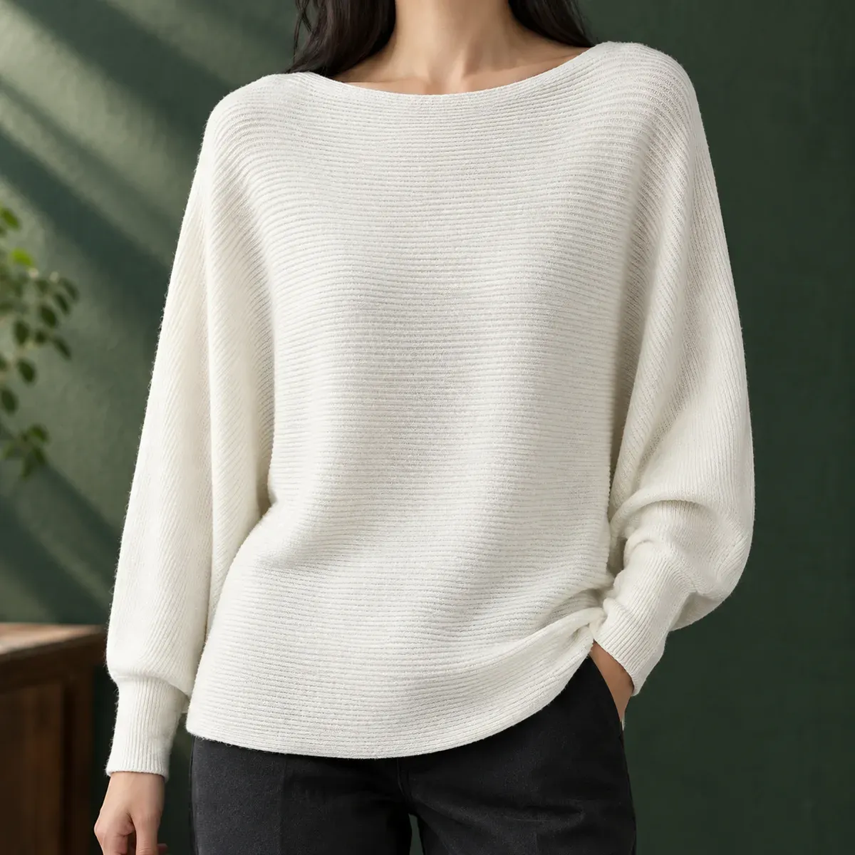 Olive Boat Neck Sweater — gallery photograph 1