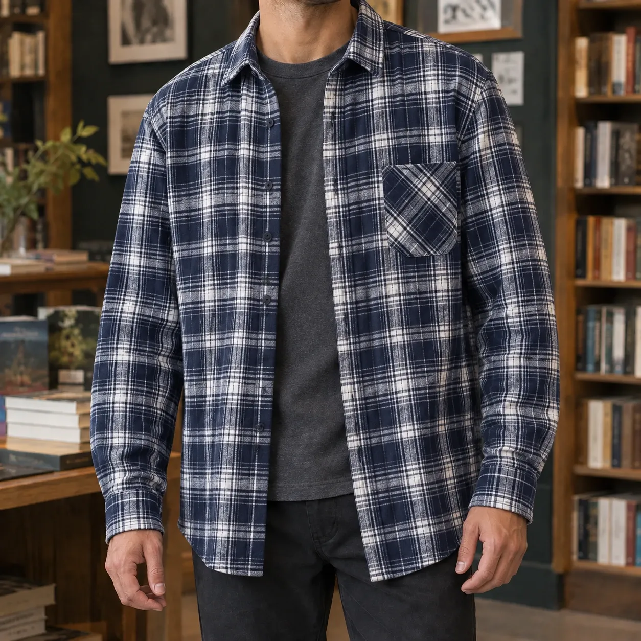 Nathan-Dean Plaid Overshirt in Navy Blue