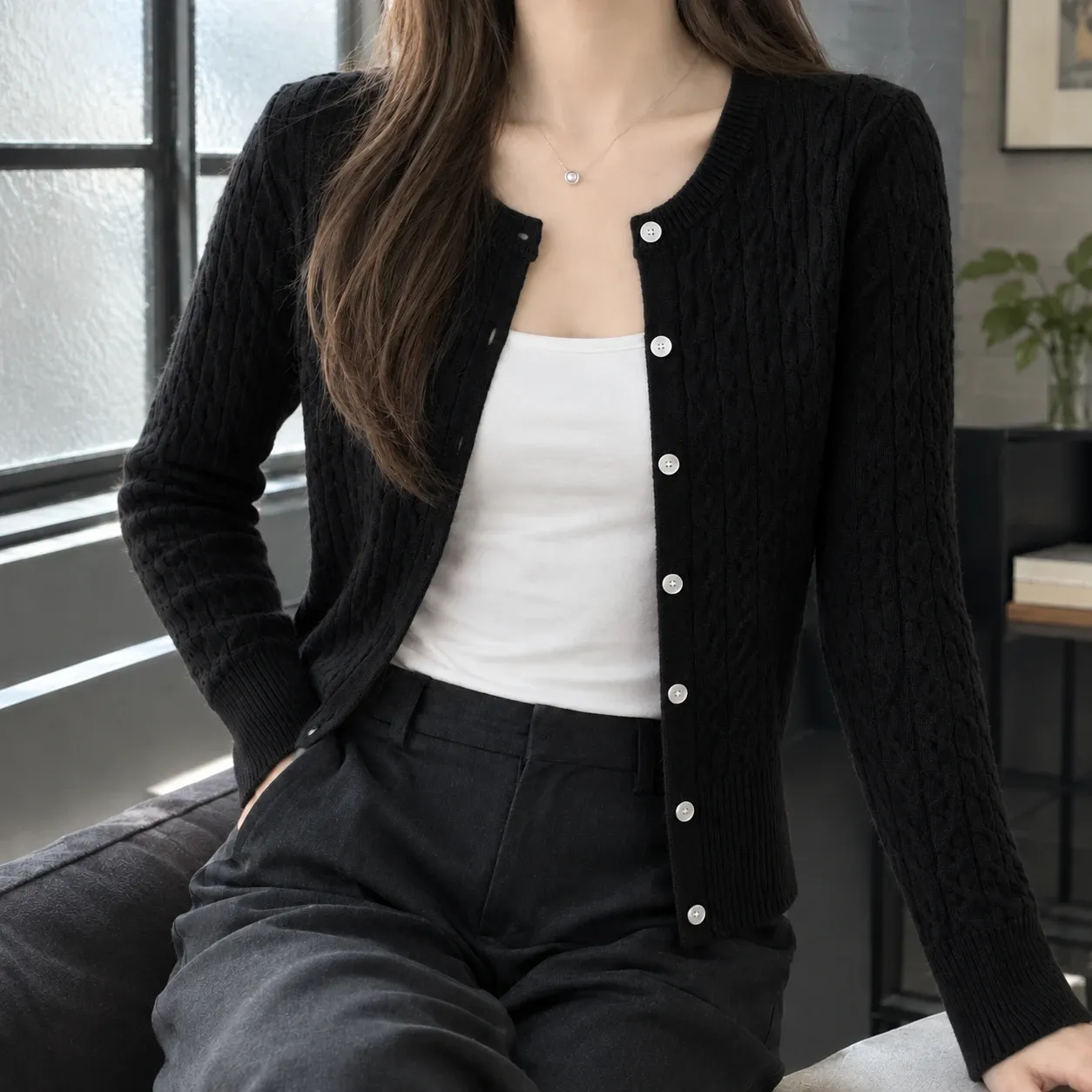 Elodie Cable Knit Cardigan in Black