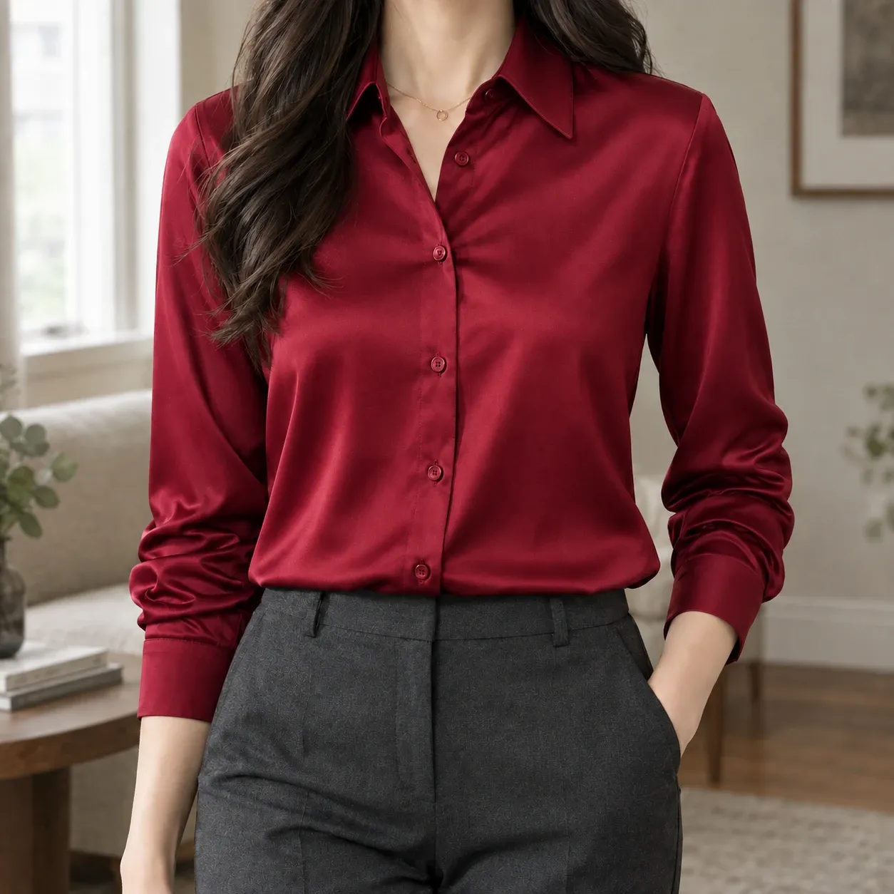 Charlotte-Belle Satin Shirt in Wine Red