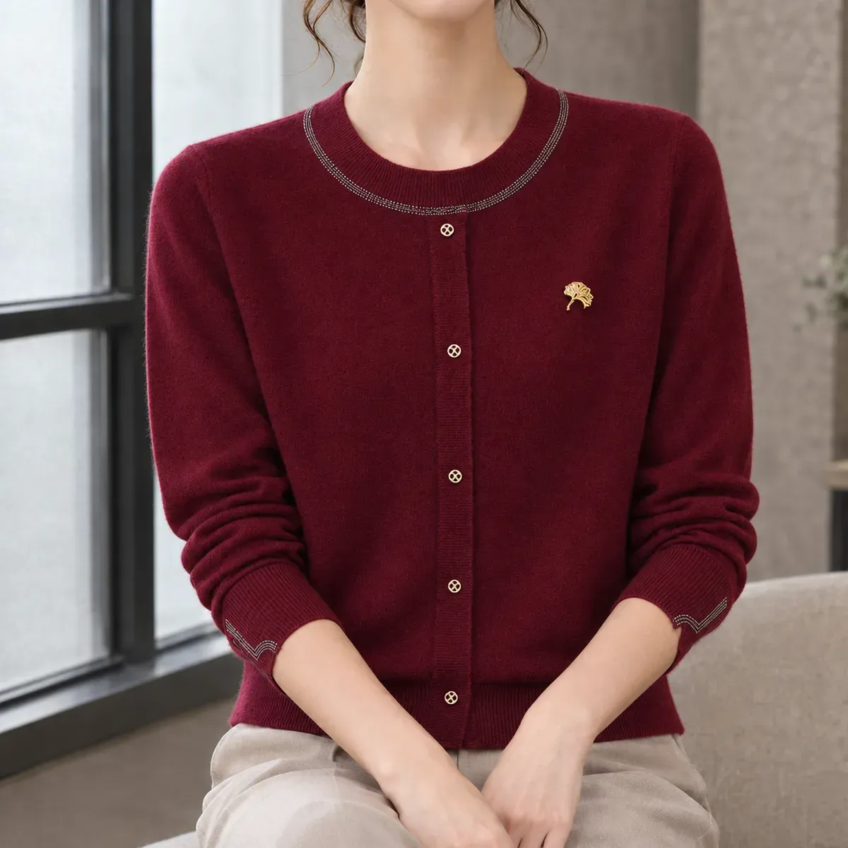 Halcyon-Rose Trimmed Knit Cardigan in Angora Red