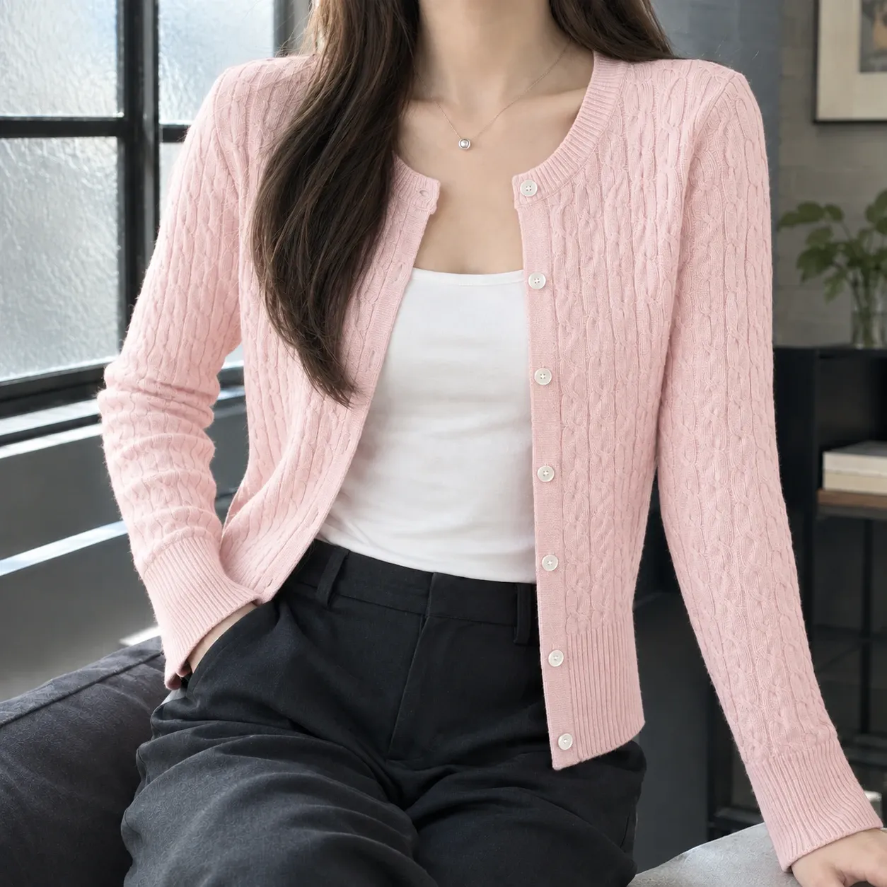 Elodie Cable Knit Cardigan in Light Pink