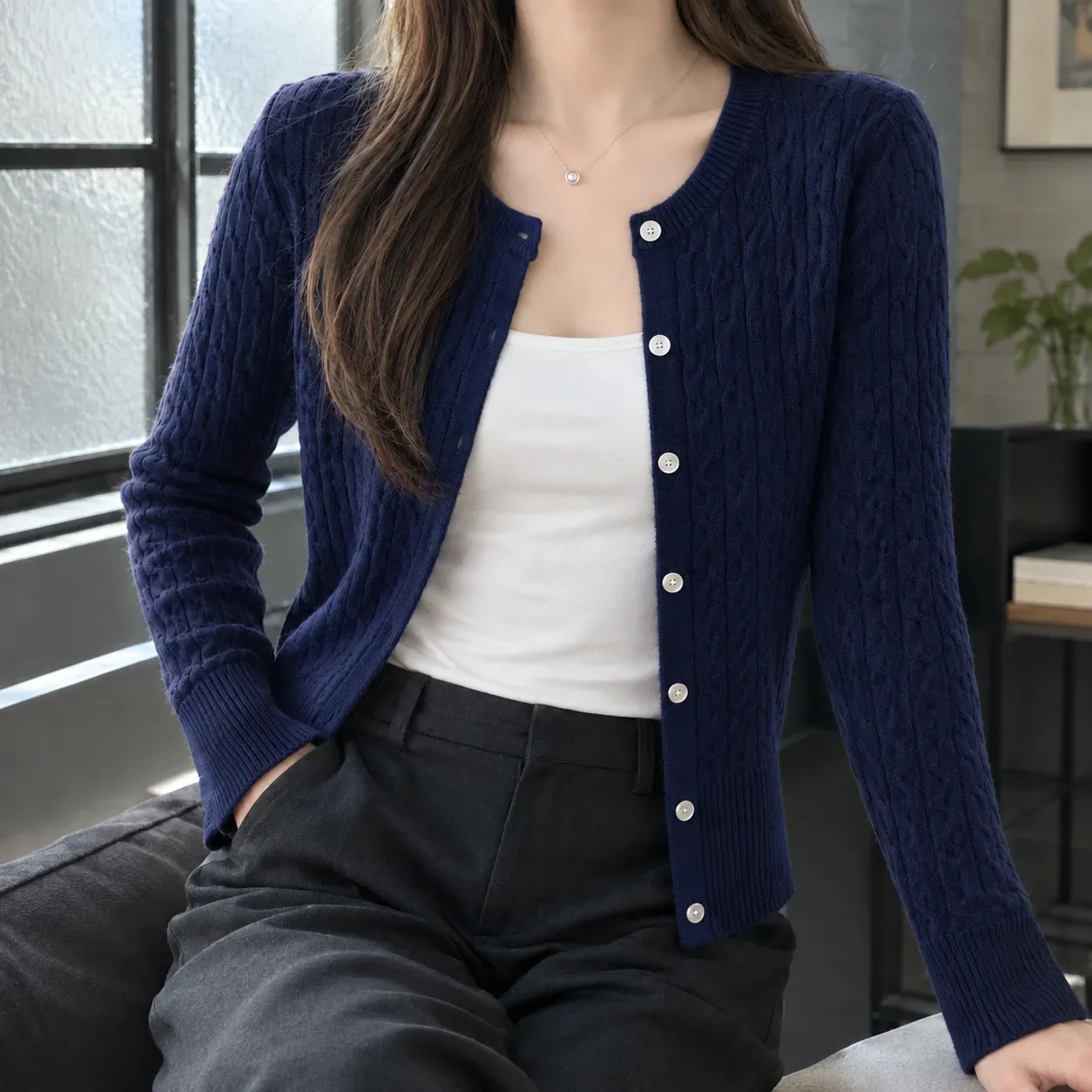 Elodie Cable Knit Cardigan in Navy Blue