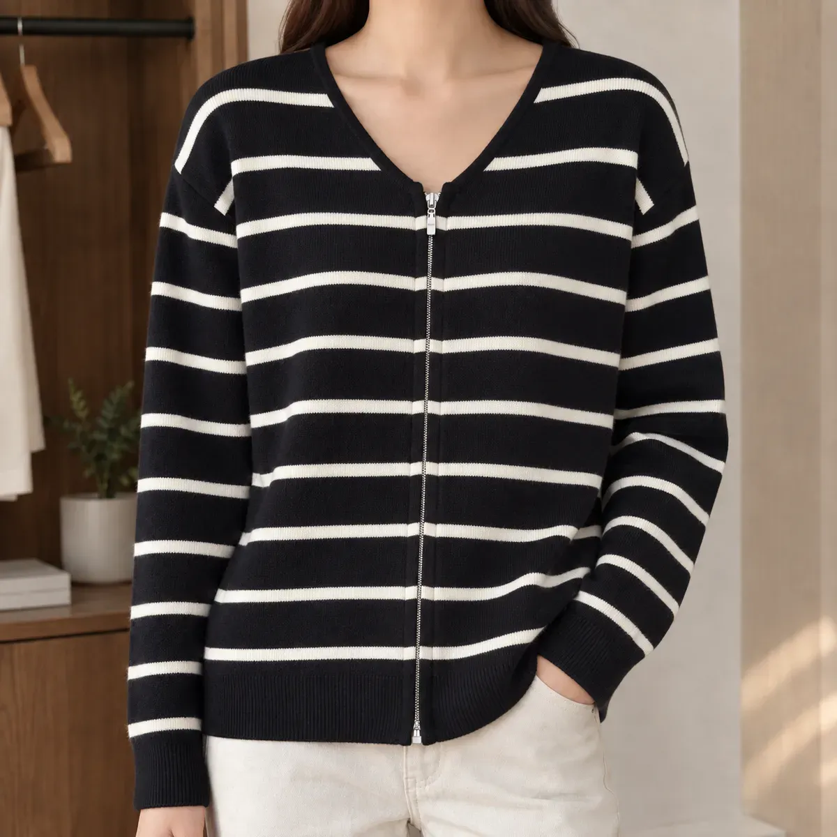 Tessa-Hope Striped Cardigan in Black White Stripes