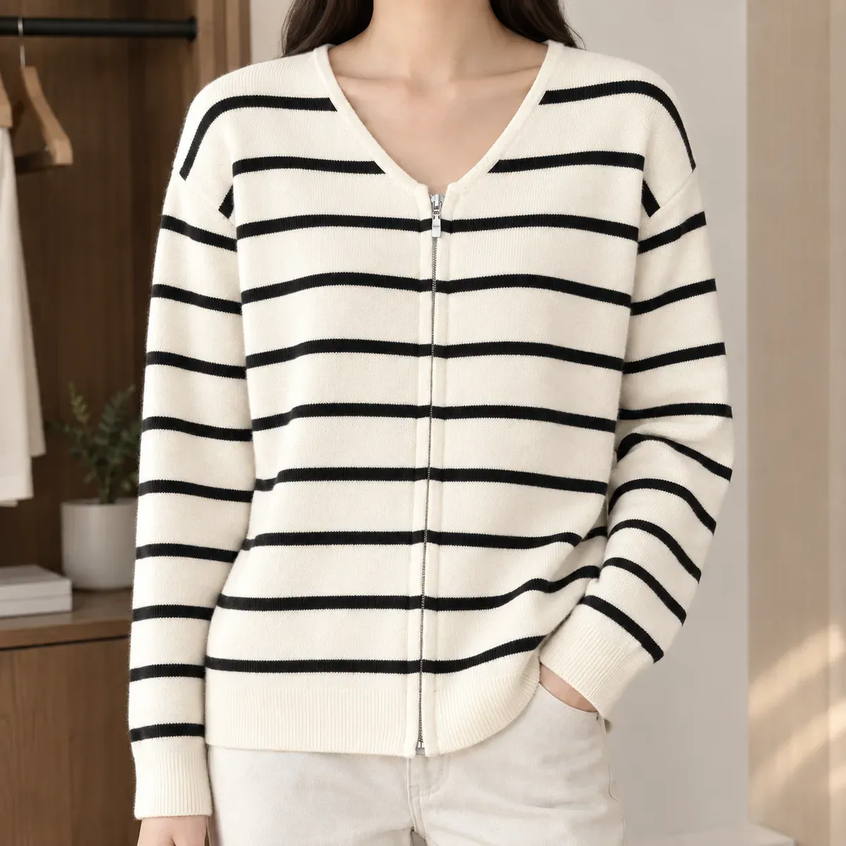 Tessa-Hope Striped Cardigan in Apricot Black Stripes