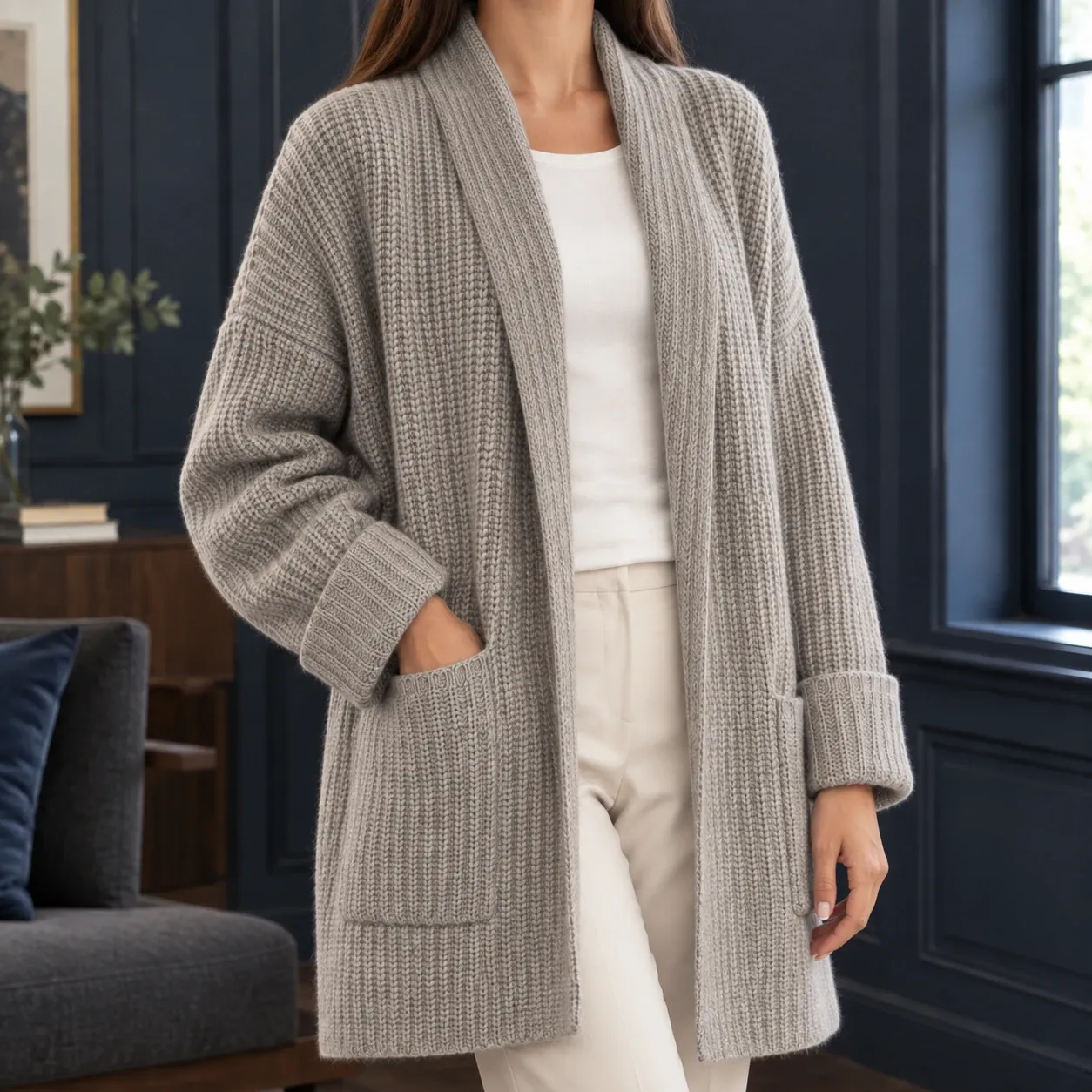 Blair-Elise Ribbed Cardigan in Light Gray
