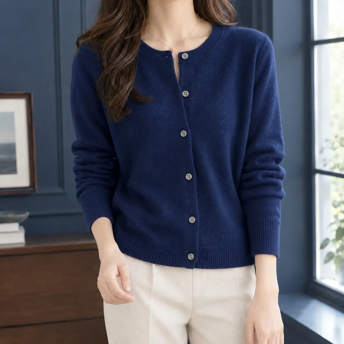 Lillian-June Round Neck Cardigan in Navy Blue