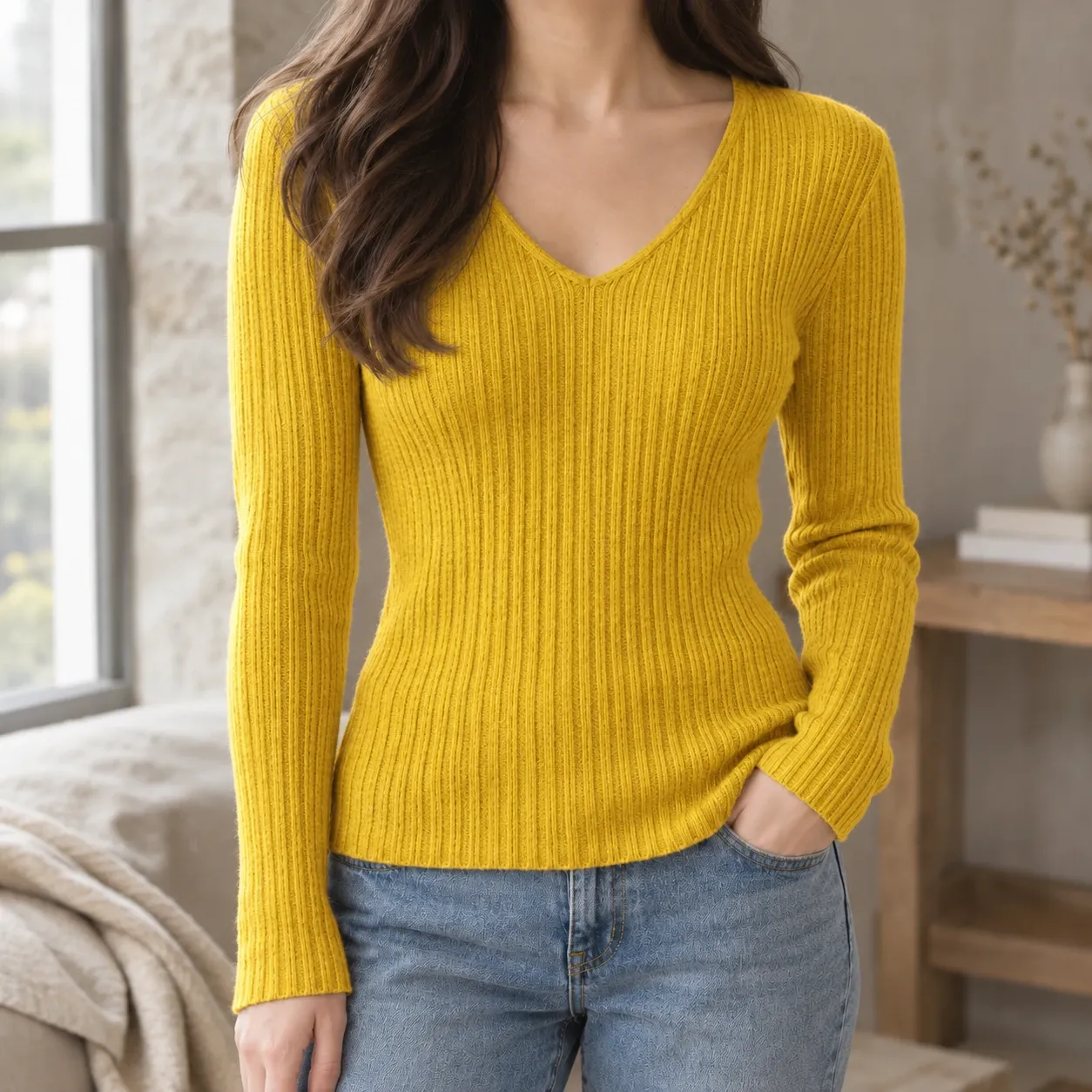 Laurel-Rose Ribbed Knit Top in Yellow