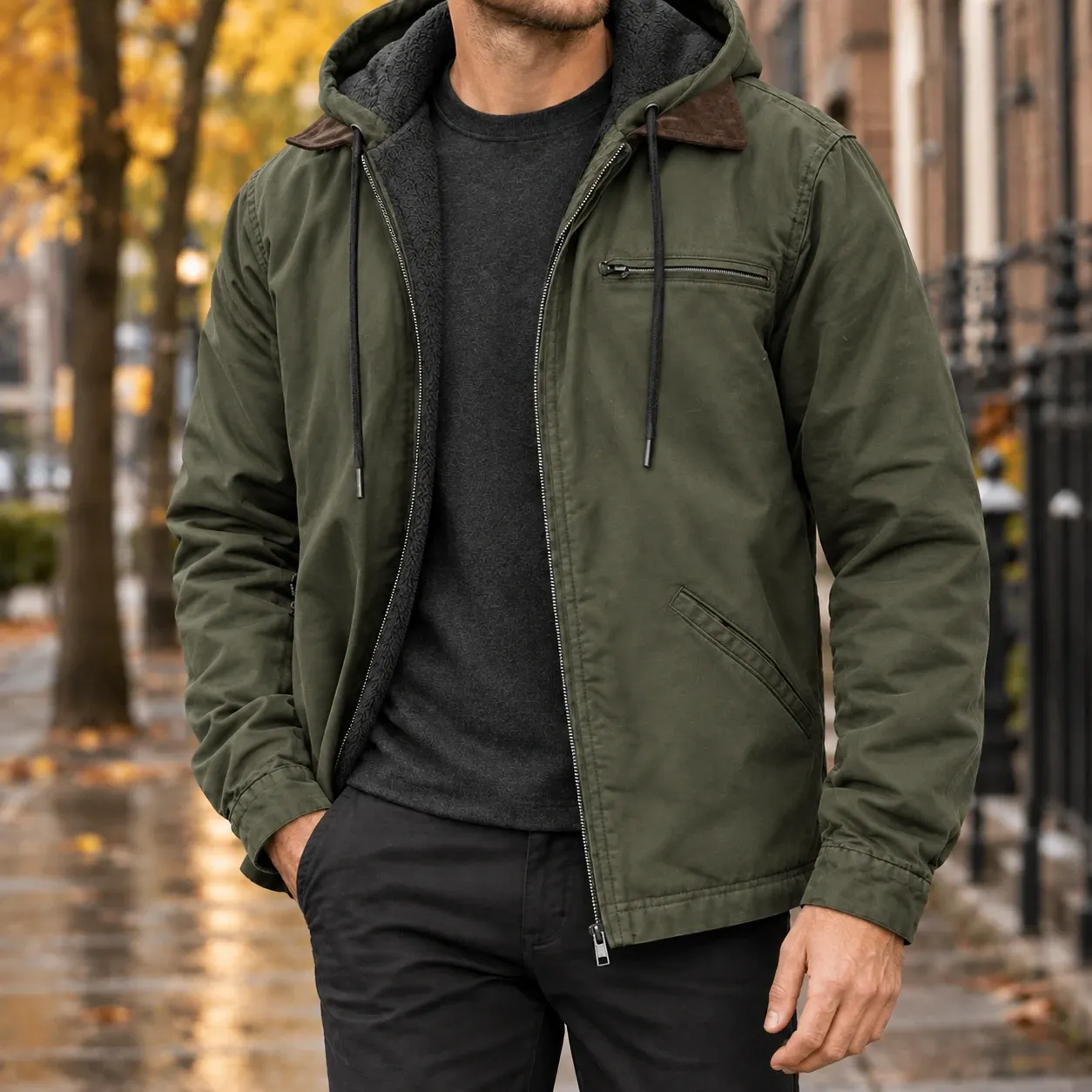 Isaac-Flynn Hooded Jacket in Army Green
